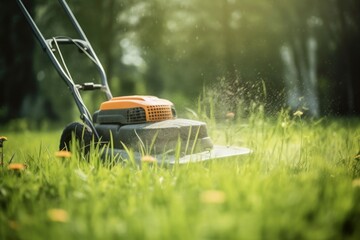 mowing the grass with a lawn mower, garden work concept background, Generative AI - obrazy, fototapety, plakaty