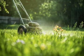mowing the grass with a lawn mower, garden work concept background, Generative AI - obrazy, fototapety, plakaty