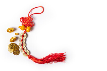 Photo top view of pendant for Chinese New Year, isolated on white background.