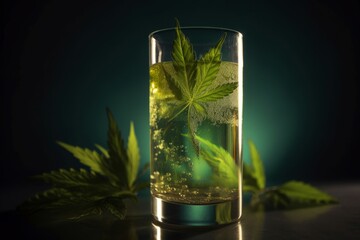 Cannabis refreshing drink glass. Legal drug liquid health leaves. Generate Ai