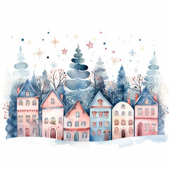 Watercolor Winter Happy Christmas Village Blue Tone