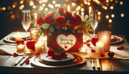 Cozy Valentine's Dinner Table for Two with Roses and "You're My Everything" Heart Note