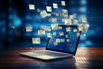 Virtual envelopes fly out of a laptop screen, concept of digital communication and email.