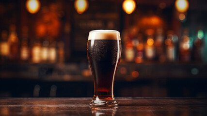 Glass of dark beer on a bar counter in a pub or restaurant - obrazy, fototapety, plakaty