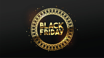 Black Friday discount promotion design with golden text and golden frame.