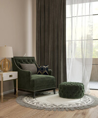 Luxury green velvet armchair with foot stool on rug on wood laminated parquet floor living room by...
