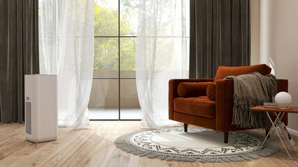 White modern design air purifier, dehumidifier on wood parquet floor in living room, red velvet...
