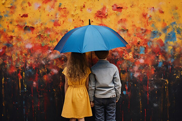 businessman and businesswoman holding colorful umbrella in rain concept
