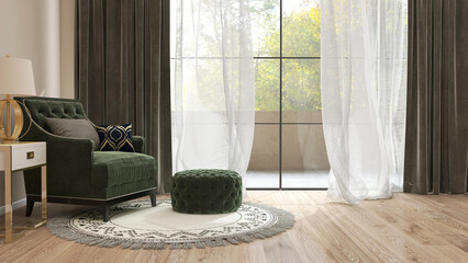 Luxury green velvet armchair with foot stool on rug on wood laminated parquet floor living room by...