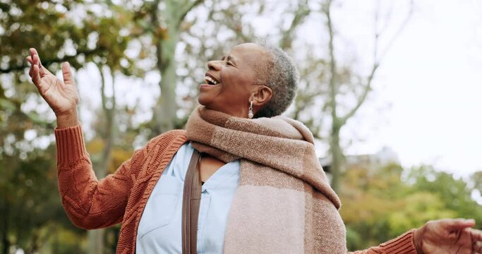 Park, freedom and happy senior black woman relax in nature, forest and woods with hands for rain. Retirement, natural environment and elderly female person outdoors for fresh air, wellness and health