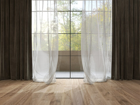 Two layers of white sheer curtain and dark brown blackout drapery by glass wall to brown balcony with tree view, sunlight on parquet floor for interior design decoration, product background 3D