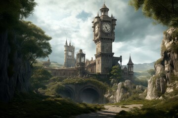 Clock tower castle medieval. Old culture landmark building travel. Generate Ai