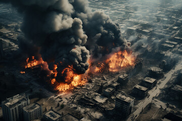 Conceptual image of disaster in the city with burning buildings.