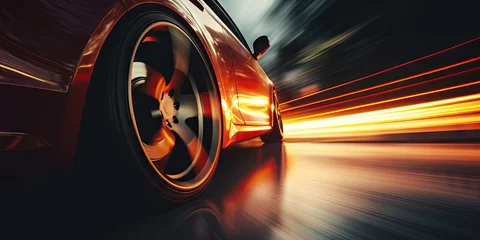Tuinposter Car wheels close up, Sports car racing on the race track. Generative AI © Natee Meepian