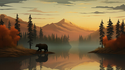 sunset over America's west with mountains, forest and river. A grizzly bear in the foreground. - obrazy, fototapety, plakaty