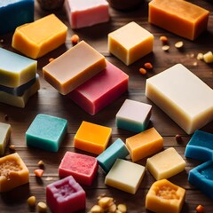 a table full of handmade  soaps with different shapes and different colors
