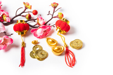 Traditional New Year Chinese objects high view, isolated on white background.
