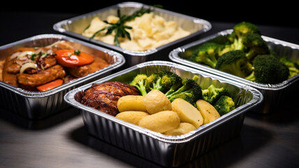 Delivery of business lunches, food in aluminum containers for office workers.