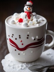 Capturing Culinary Magic: Close-up mug with hot chocolate with melted marshmallow snowman Photography for Sale this Holiday Season. A Generative AI Digital Photograph.
