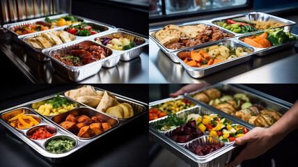 Delivery of business lunches, food in aluminum containers for office workers.