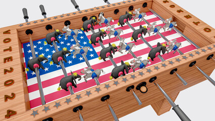 Illustration for US presidential election 2024. Election day. Vote 2024. Elephants and donkeys in the hand football.