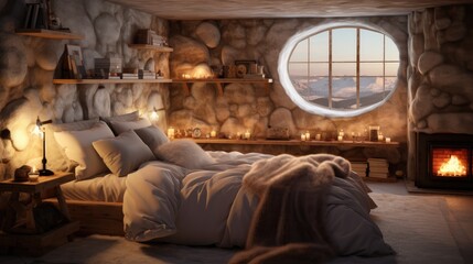 Beautiful warm winter cozy bed background with Christmas decoration at window in bedroom indoor...