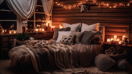 Beautiful warm winter cozy bed background with Christmas decoration at window in bedroom indoor design, Xmas tree, candles, decorated in house with sofa, blanket, pillows in vintage lifestyle house