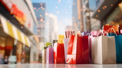 Vibrant shopping concept with colorful shopping bags scattered in a visually appealing manner, symbolizing successful shopping spree or a festive sale event. The excitement and joy of retail therapy. - obrazy, fototapety, plakaty
