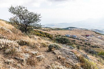 Mysterious mountain landscape of the Valley of Ghosts on the western slope of Mount Demerdzhi in Crimea. Popular tourism and trekking destination