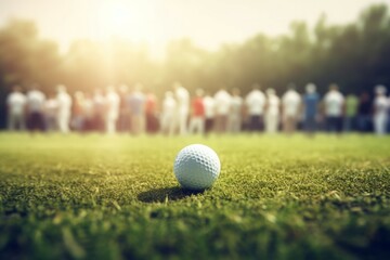 Golf ball green grass crowd. Golfer course closeup recreation. Generate Ai