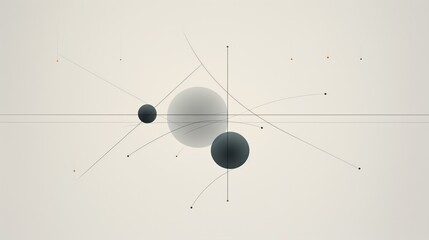 Minimalist composition with two gray spheres aligned diagonally, connected by thin lines and dots, against a light background, suggesting a molecular or solar system model. - obrazy, fototapety, plakaty
