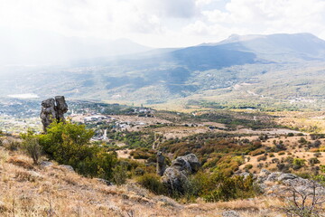 Mysterious mountain landscape of the Valley of Ghosts, a cluster of strangely shaped rocks on the western slope of Mount Demerdzhi in Crimea