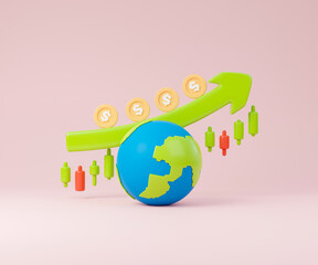 Stock market and investment concept 3d illustration. Candlestick graph with earth. dollar coins and light green arrow.