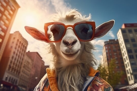 Portrait goat wearing dark sunglasses. Generative AI