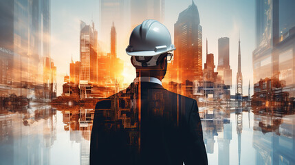 Fototapeta na wymiar Double exposure of Engineer with safety helmet on construction site background. Engineering and architecture concept