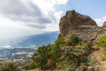 Mysterious mountain landscape of the Valley of Ghosts, a cluster of strangely shaped rocks on the western slope of Mount Demerdzhi in Crimea