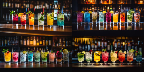 Lots of colorful cocktails in a row on the bar counter of a nightclub or restaurant. - obrazy, fototapety, plakaty