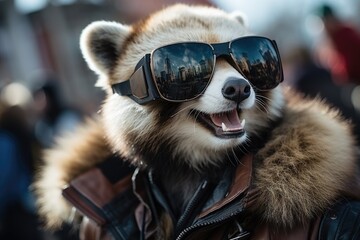 Smile red panda with sunglasses. Generative AI