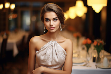 Portrait of a young charming woman in an evening dress against the background of a banquet hall with served tables.