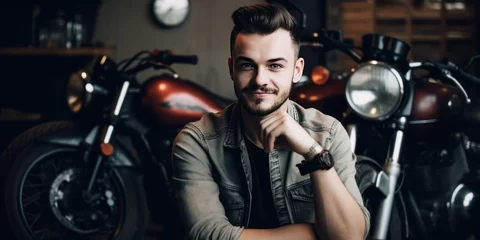 Selbstklebende Fototapeten motorcycle motorbike repair shop garage center, mechanic young man sitting smiling © annaspoka