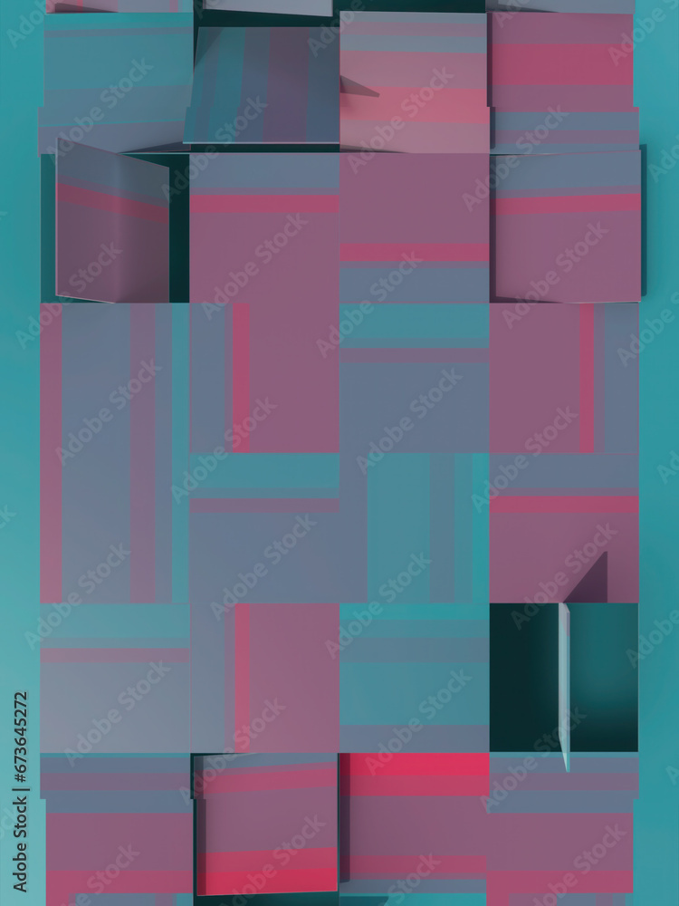 Poster 3d rendering illustration of flipping cube blocks with pink and blue light texture. Digital background