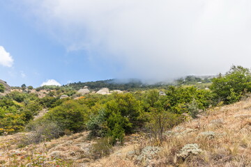 Mysterious mountain landscape of the Valley of Ghosts on the western slope of Mount Demerdzhi in Crimea. Popular tourism and trekking destination