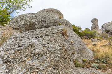 Mysterious mountain landscape of the Valley of Ghosts, a cluster of strangely shaped rocks on the western slope of Mount Demerdzhi in Crimea