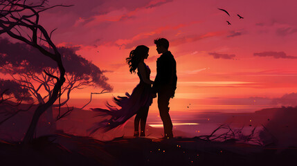 Romantic Couple Silhouette Standing in Front of Trees at Sunset with Pink Starry Night Sky, Valentine's Day Illustration Background