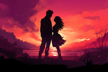 Romantic Couple Silhouette Standing in Front of Trees at Sunset with Pink Starry Night Sky, Valentine's Day Illustration Background