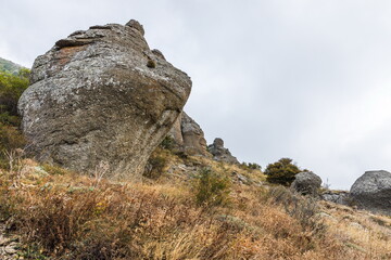 Mysterious mountain landscape of the Valley of Ghosts, a cluster of strangely shaped rocks on the western slope of Mount Demerdzhi in Crimea