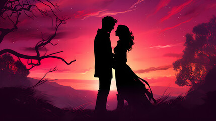 Romantic Couple Silhouette Standing in Front of Trees at Sunset with Pink Starry Night Sky, Valentine's Day Illustration Background