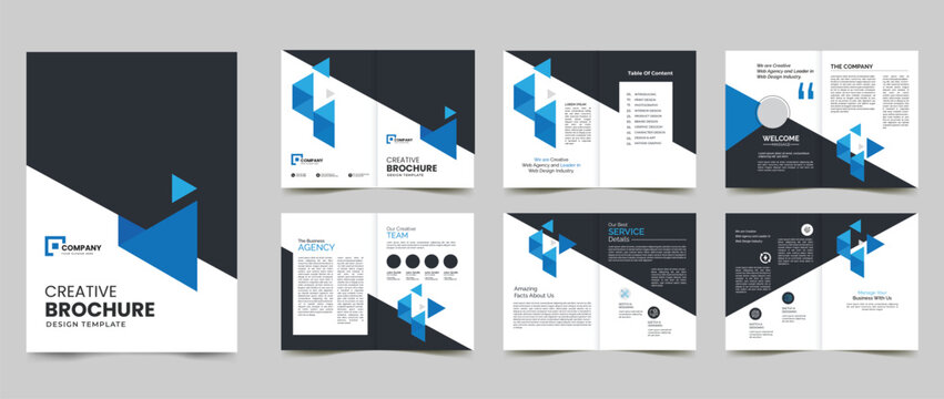 business company profile multipurpose brochure template with blue geometric premium shape illustrator vector 