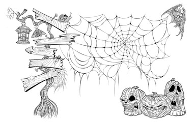 Graphic drawing with three skulls, a web and a spider. Horror, cartoon drawing. Drawing for a tattoo. Scary background element for poster, banner and advertising. Halloween.
