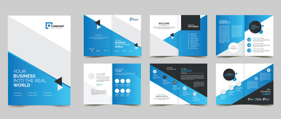 business company profile multipurpose brochure template with blue geometric premium shape illustrator vector  - obrazy, fototapety, plakaty